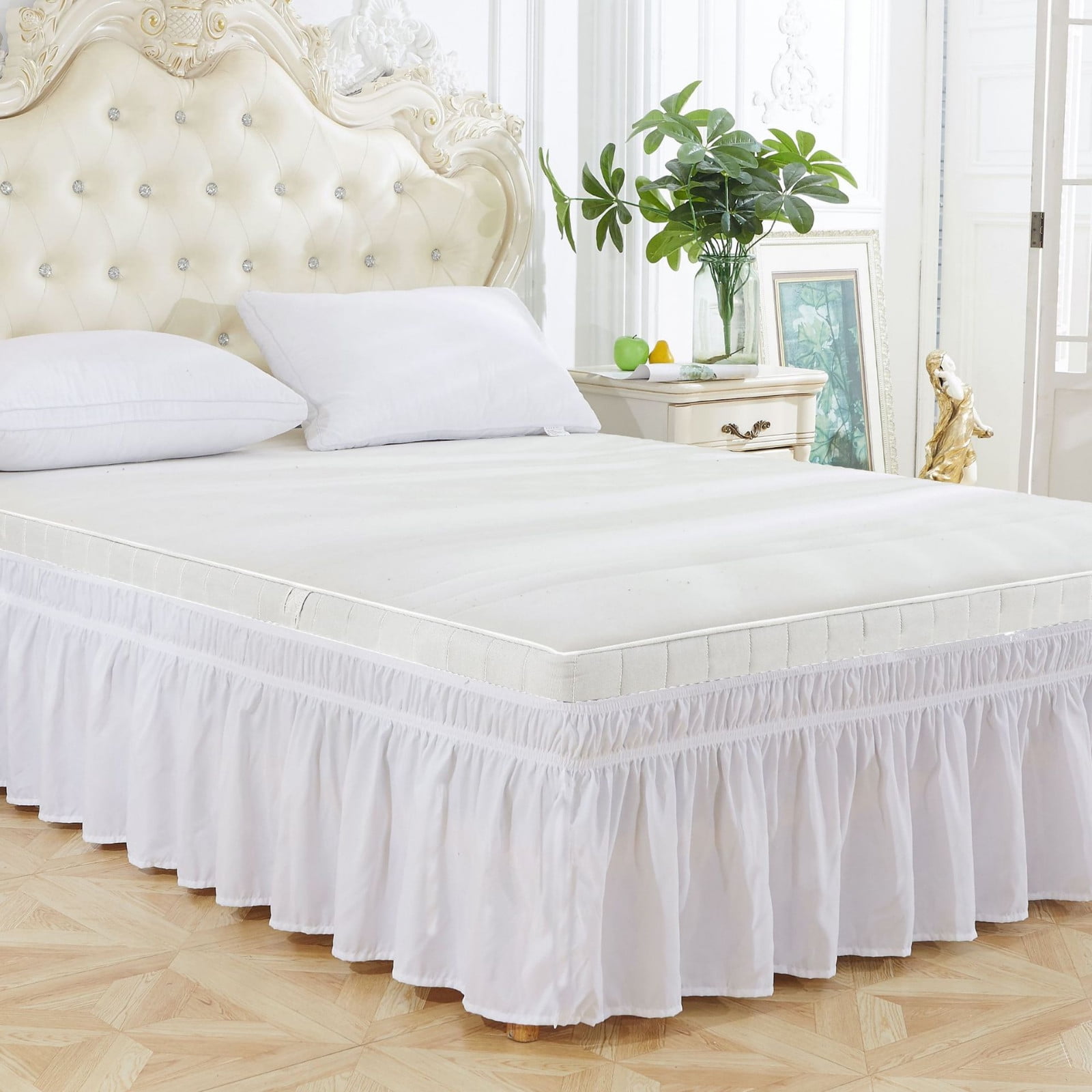 Wrap Around Ruffled Lace Bed Skirt, Elastic Dust Ruffle with Adjustable  Belts,15 Inch Drop Easy to Put On, Bed Frame Cover, Machine Washable  (Ruffled