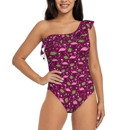 Qokaie Festive Flamingos Print Women s One Piece Swimsuits Tummy Control Bathing Suits Asymmetric One Shoulder Swimwear-