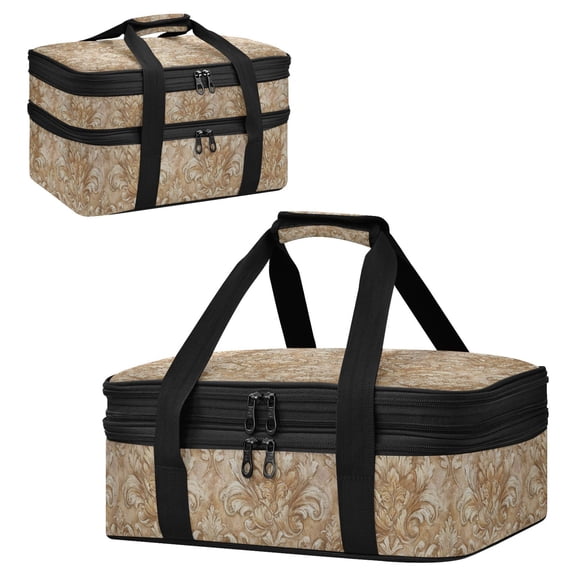 Large Double Decker Insulated Casserole Carrier Expandable 2-Layer Thermal Food Tote Bag Sandy Damask Heritage Hot Cold Pizza Lasagna Holder for Potluck Picnic Party Camping