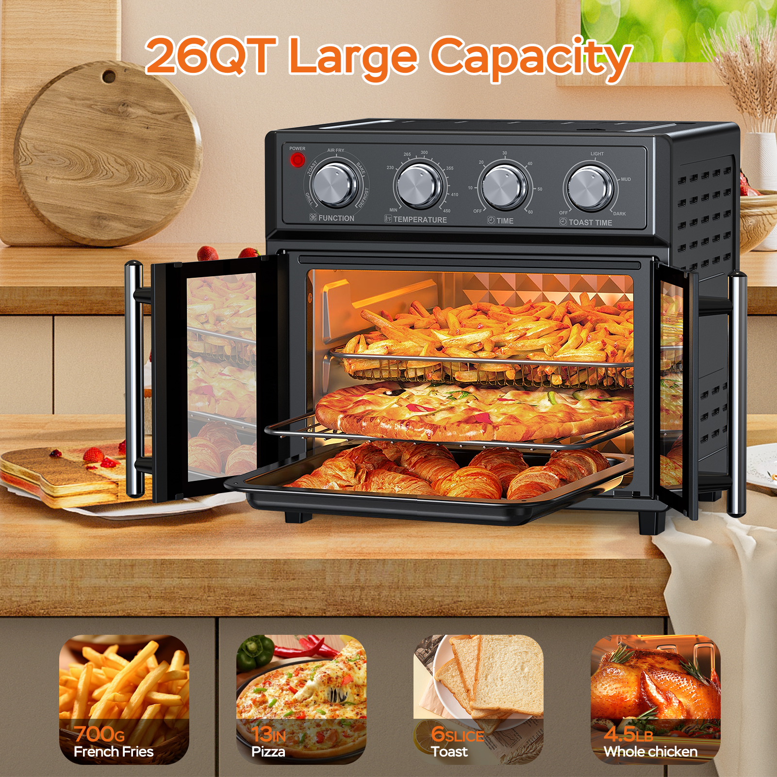 27.5QT Black Air Fryer Oven – 3-Layer Simultaneous Baking, 7 Presets, Double-Door Design for Family Meals