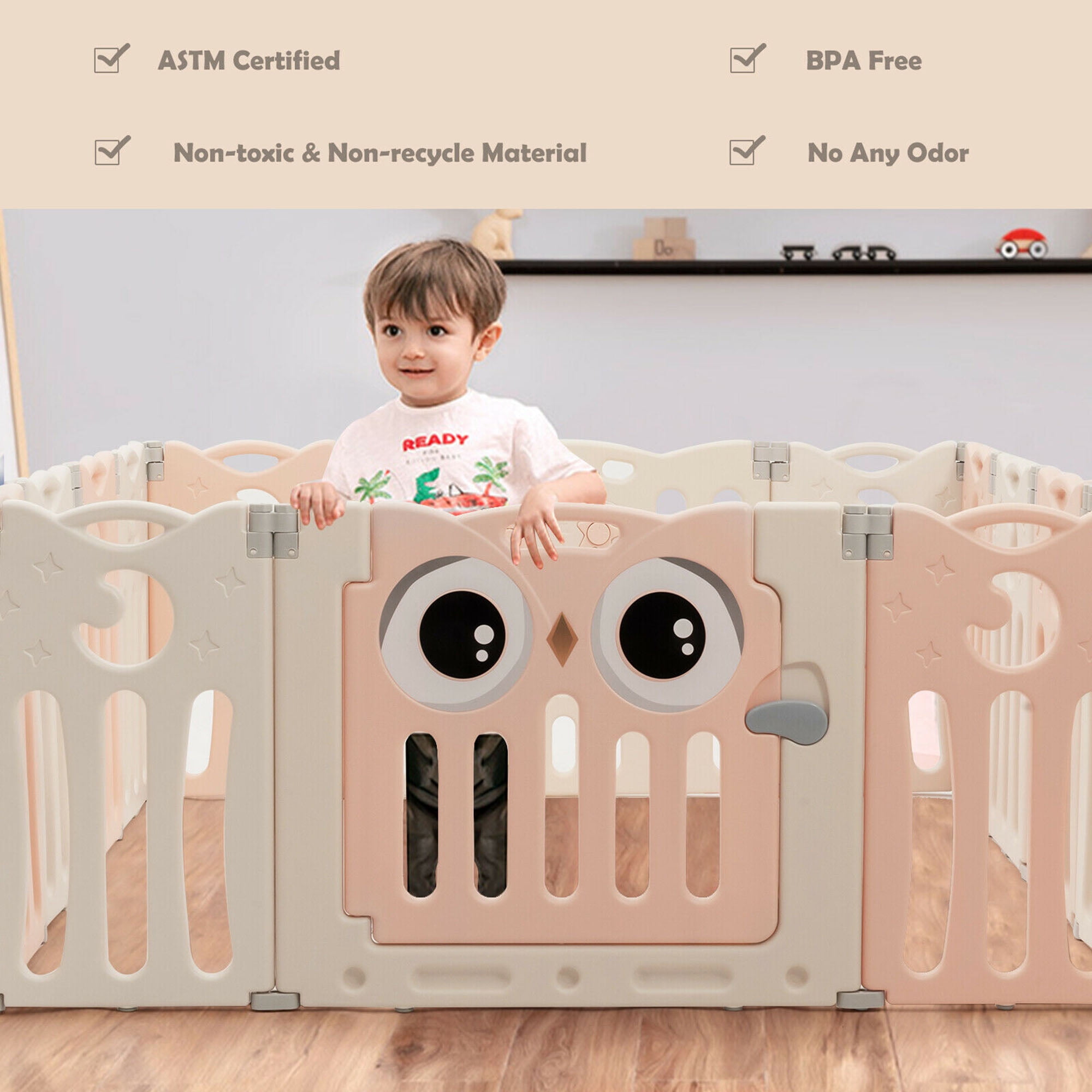 Gymax 14-Panel Baby Playpen Foldable Play Yard Kids Activity Center with Lock Door, Pink