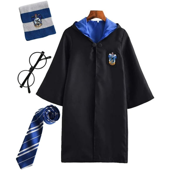 4PCS Children Adult Cosplay Costume Harry Potter Costume Outfit Set Magic Wand Tie Scarf Glasses Carnival Disguise Mardi Gras Halloween Black S Large Size Blue