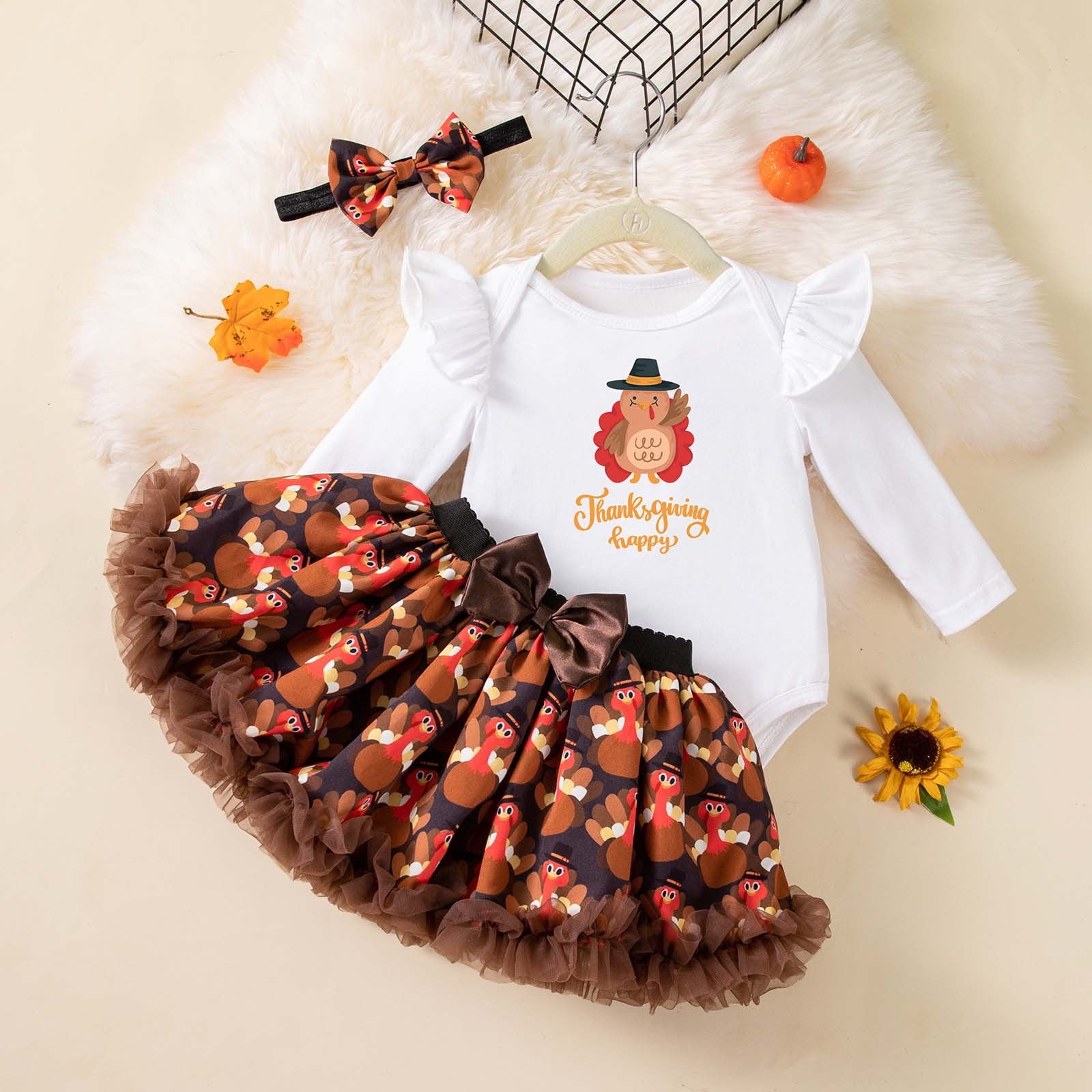 Gaexia Cute Clothes For Girls 10-12 ,Thanksgiving Baby Girl Outfit 3 Piece Set Cute Turkey Print Long Sleeve Dress Headband Toddler Holiday Party Clothes for 1-18 Months