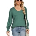 thumbnail image 6 of ManxiVoo New Women Loose V Neck Blouse Lantern Sleeve Pleated Design Casual Comfort Top Breathable Daily Wear Tunic S Size Blackish Green, 6 of 6