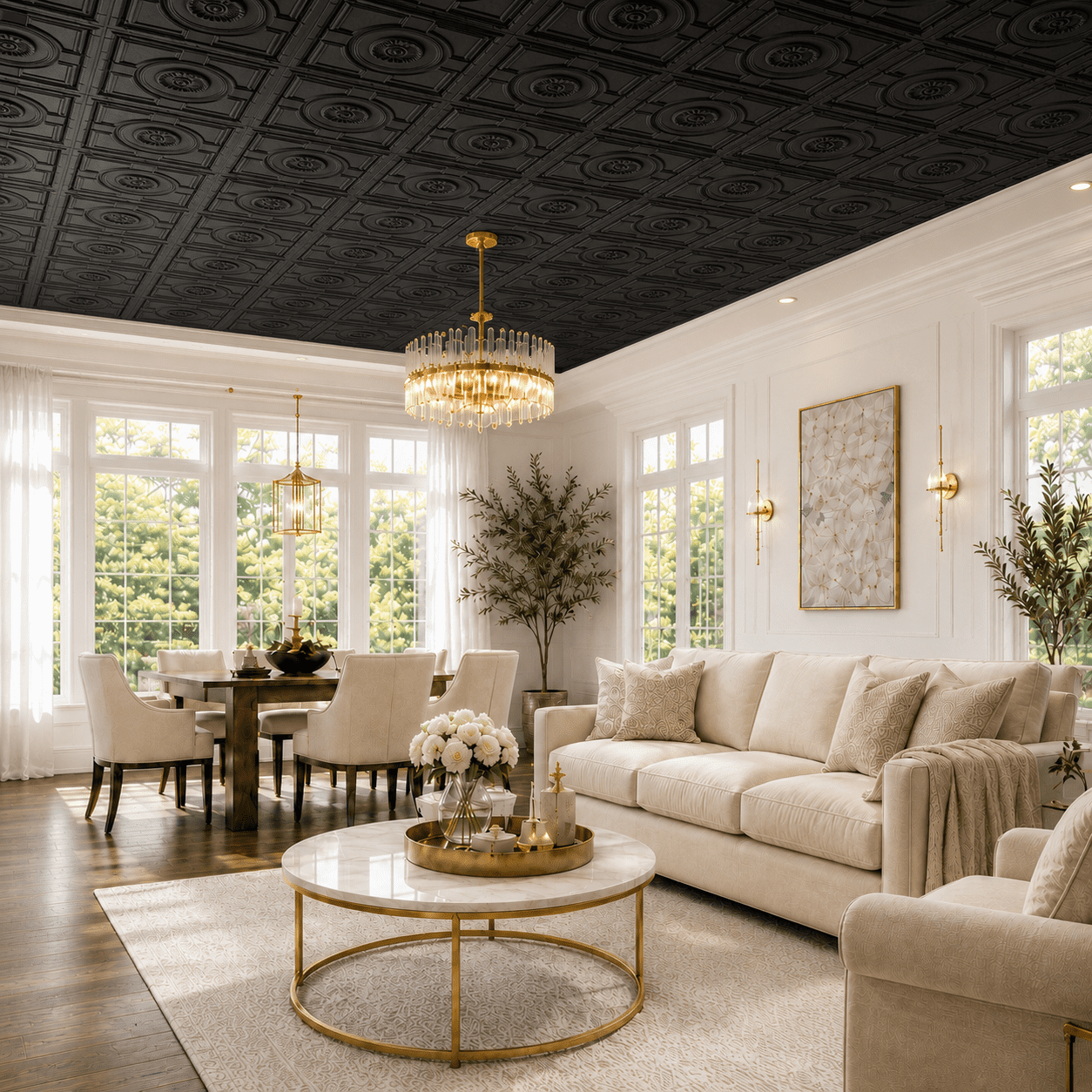 Yeslife 12-Pack Decorative Ceiling Tiles, 2 x 2 ft, Black Embossed, Waterproof Drop-in Glue-up, 48 sq ft