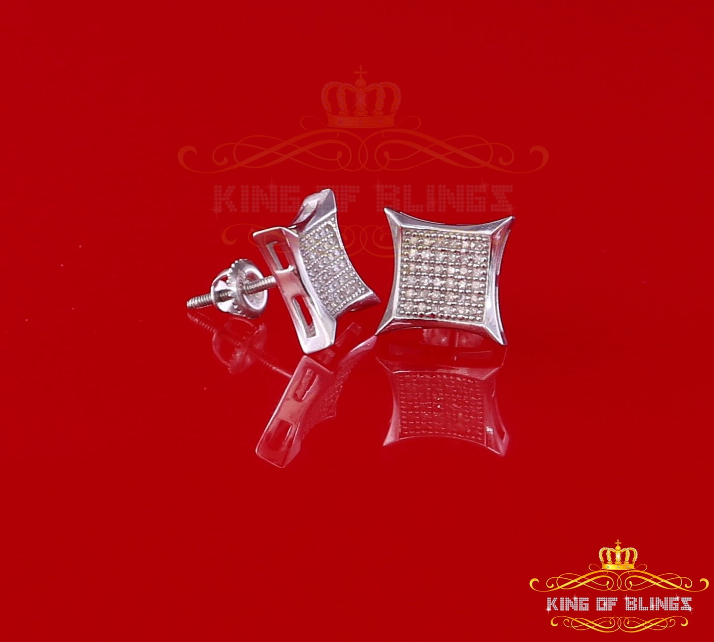 King of Bling's 0.20ct Diamond 925 Sterling Silver White Square Earrings For Men's / Women's