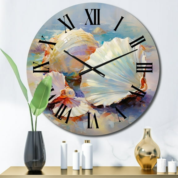 Designart "White expressionist Seashells I" Animals Oversized Wall Clock