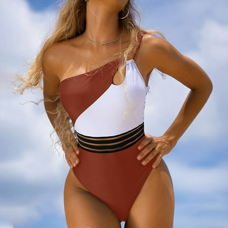POROPL Women One Piece Swimsuits Bikini One Shoulder Halter Top Swim Color Block Swim Red Size S-L