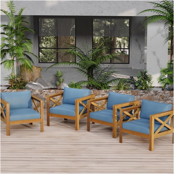 JERFIT 4-Piece Acacia Wood Outdoor Club Chairs Set with Water-Resistant Blue Cushions, Teak Finish Patio Armchairs for Garden, Deck, Porch