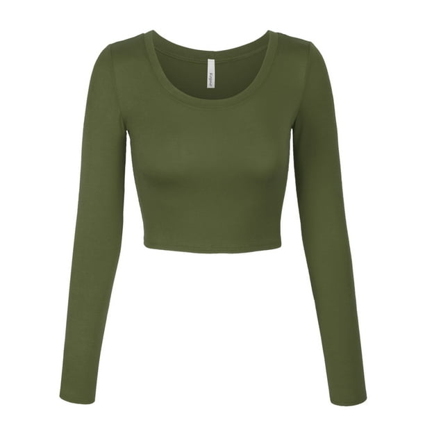 KOGMO Womens Long Sleeve Crop Top Solid Round Neck T Shirt - Walmart.com