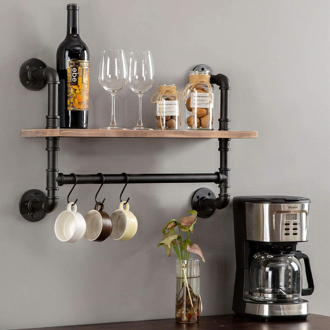 Industrial Pipe Shelving,Iron Pipe Shelf with Wood for Kitchen,Wall