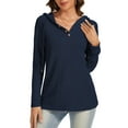 thumbnail image 4 of Hoodies for Women Waffle Knit V Neck Oversized Sweatshirt Button Down Drawstring Hooded Pullover Tops for Fall 2025 Navy M, 4 of 6