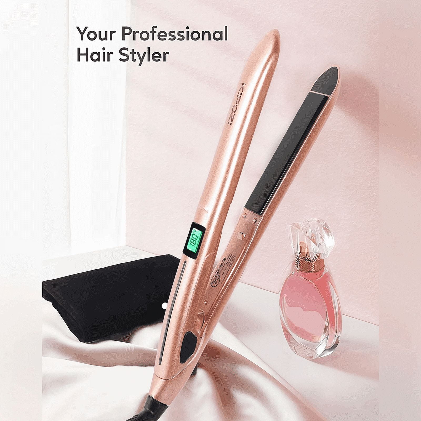 Nano Negative Ion Flat Iron, Anti-Static Hair Straightener with 1 inch Floating Titanium Plates, Champagne Gold