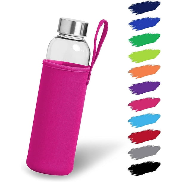 Botella de cristal 1l con funda de neopreno | Botella de vidrio de 500 ml con tapa protectora y tapa de acero inoxidable | Botella de agua para deportes, oficina, escuela y exteriores | Azul oscuro