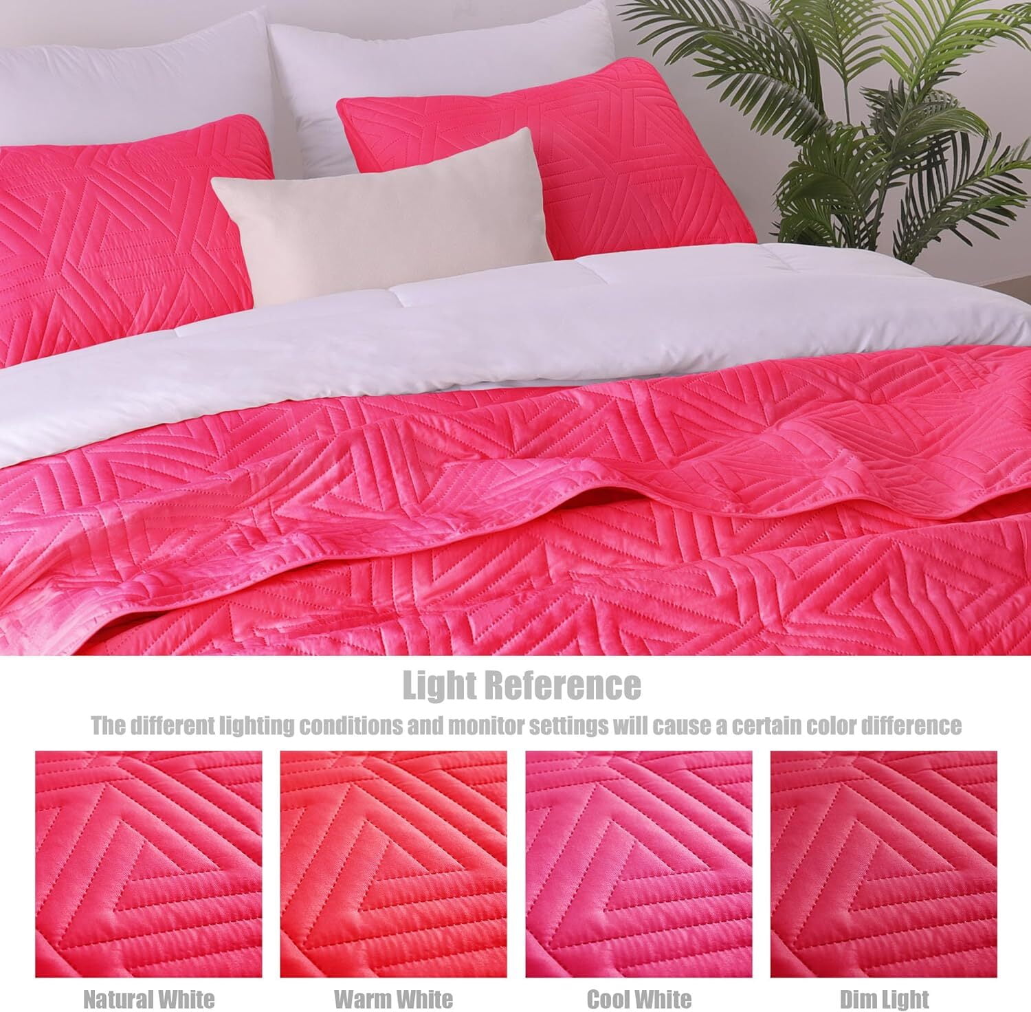 Whale Flotilla 3-Piece Queen Size Quilt Set for All Season, Classic Geometric Pattern Bedding Set with 2 Pillow Shams, Soft and Lightweight, Hot Pink