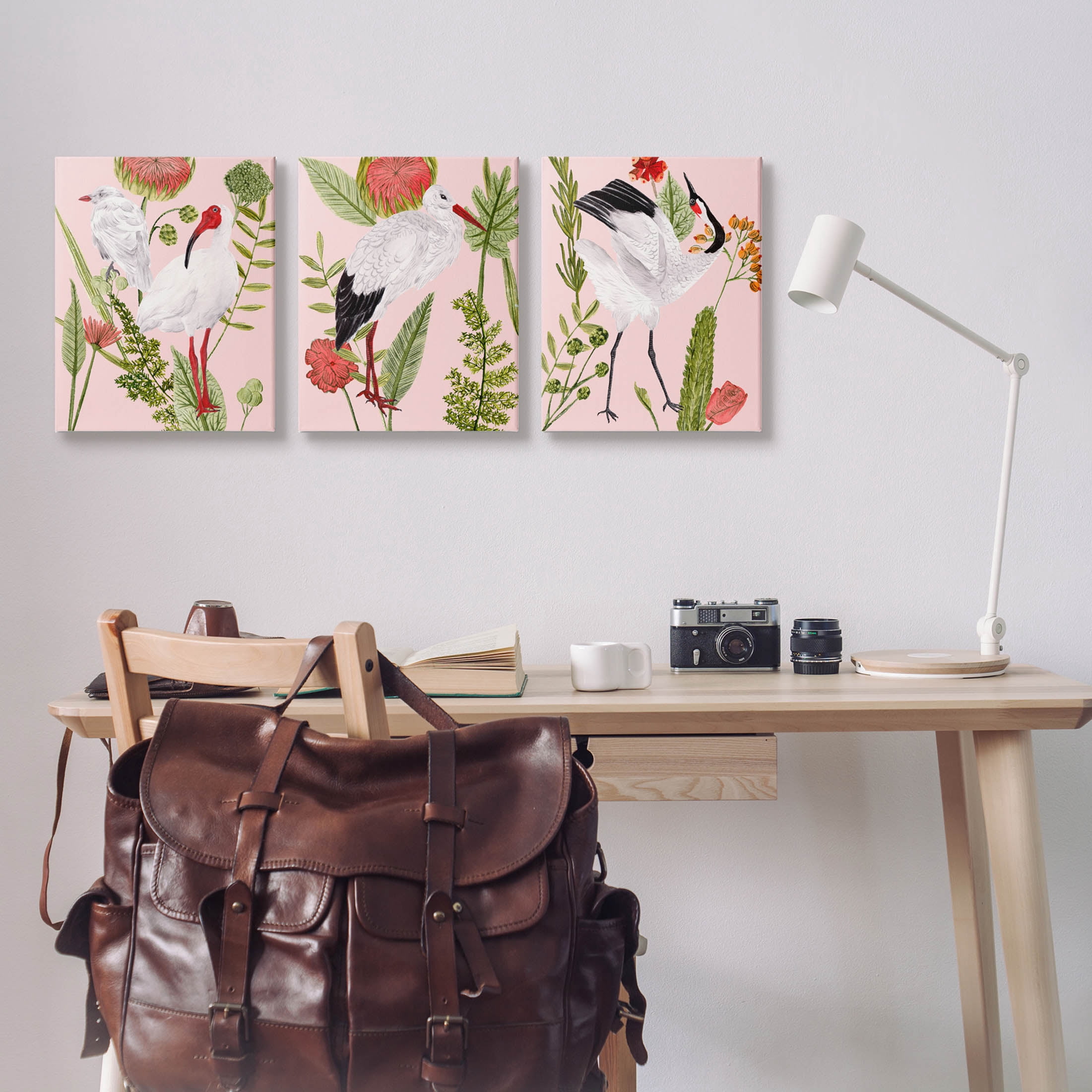 Stupell Industries Crane Bird Pink Botanicals Graphic Art Gallery Wrapped Canvas Print Wall Art, Set of 3, Design by Melissa Wang