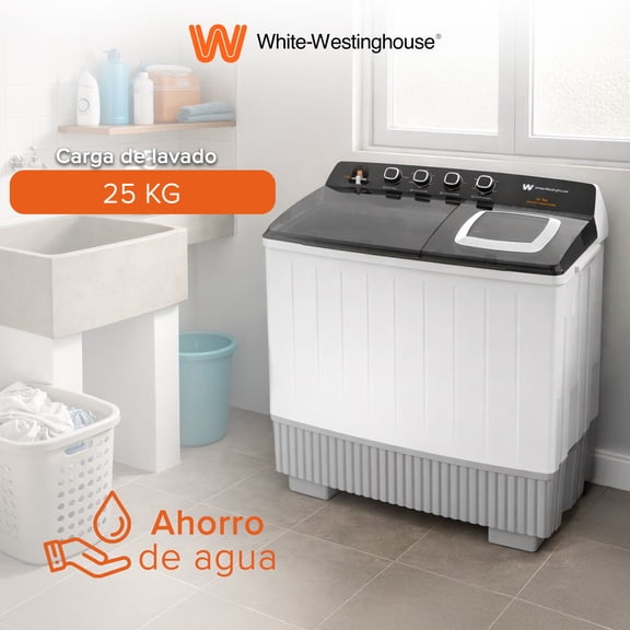 White Westinghouse  Lavadora doble tina  25 kg  WWXCTT332009QBK Gabinete polipropileno alto impacto  4 niveles de agua  4 perillas de control  Bajo consumo de energía  Ahorro de agua