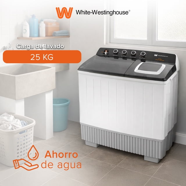 White Westinghouse Lavadora doble tina 25 kg WWXCTT332009QBK Gabinete polipropileno alto impacto 4 niveles de agua 4 perillas de control Bajo consumo de energía Ahorro de agua