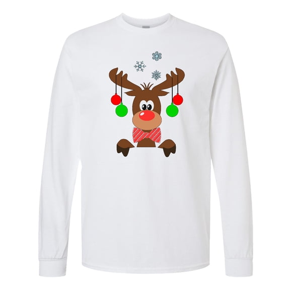 Inktastic Cute Christmas Reindeer with Red Nose, Ornaments and Bow Tie Long Sleeve T-Shirt