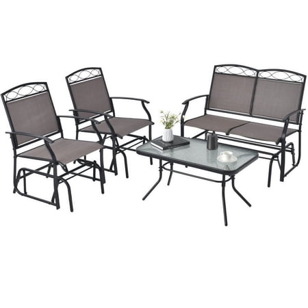 Spaco 4 Piece Patio Glider Conversation Set Deluxe Outdoor Patio with Tempered Glass Table Top-Brown