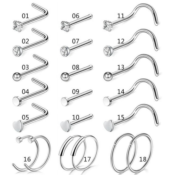 VONTER Nose Rings Studs L Shape Nose Screw Surgical Stainless Steel Nose Rings Hoop Diamond Heart Hypoallergenic Nostril Nose Piercing Jewelry for Women Men Silver Rose Gold Black Rainbow 21 PCS