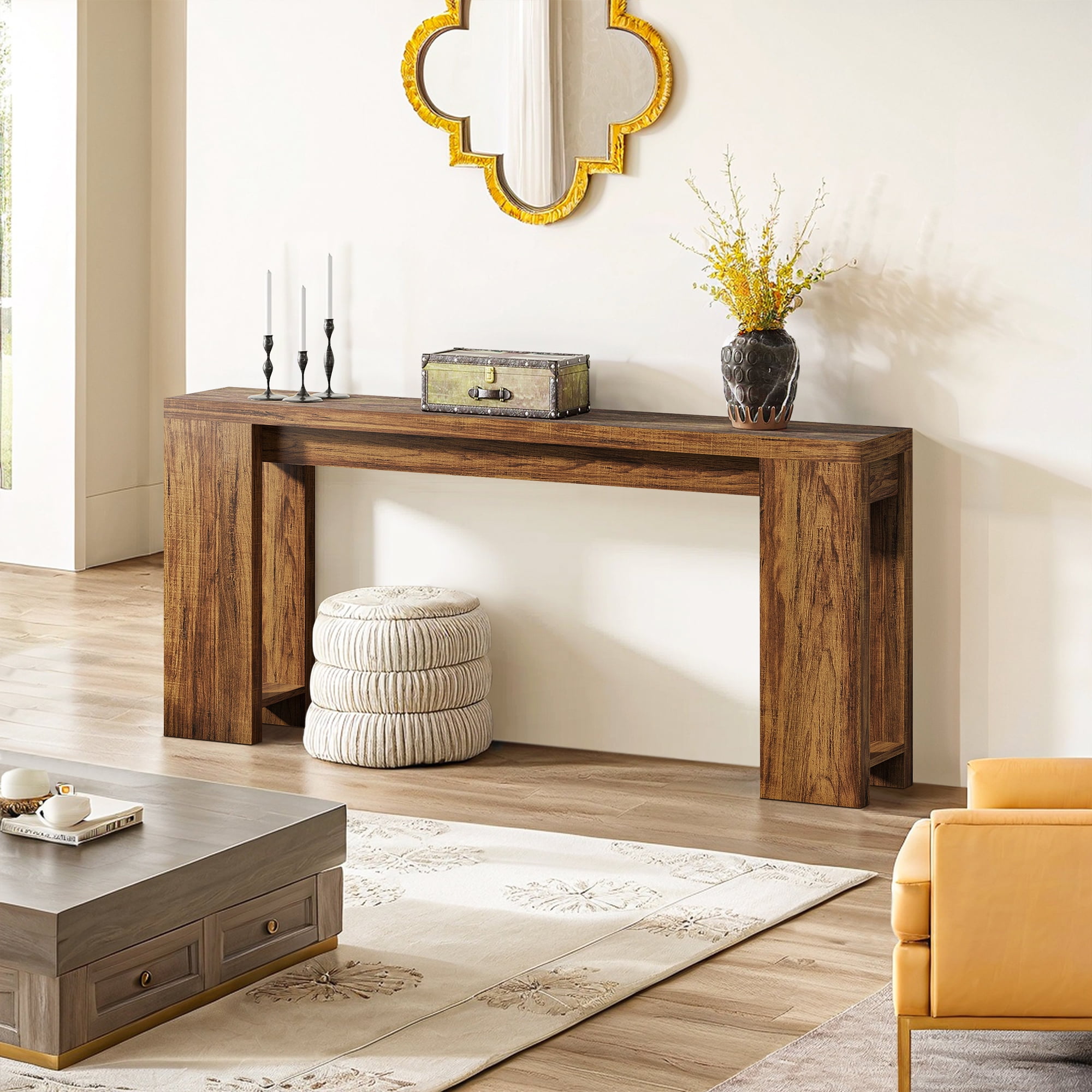 Demi Bonn 70.9" Wood Console Table, Farmhouse Sofa Table Entryway Table with Storage, Foyer Display Table, Rustic Brown