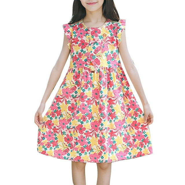 Robe Soleil pour Fillette, Robe Chic, Robe Trapèze pour Fille, Robe Sans Manches à Fleurs, Robe de Princesse pour Filles