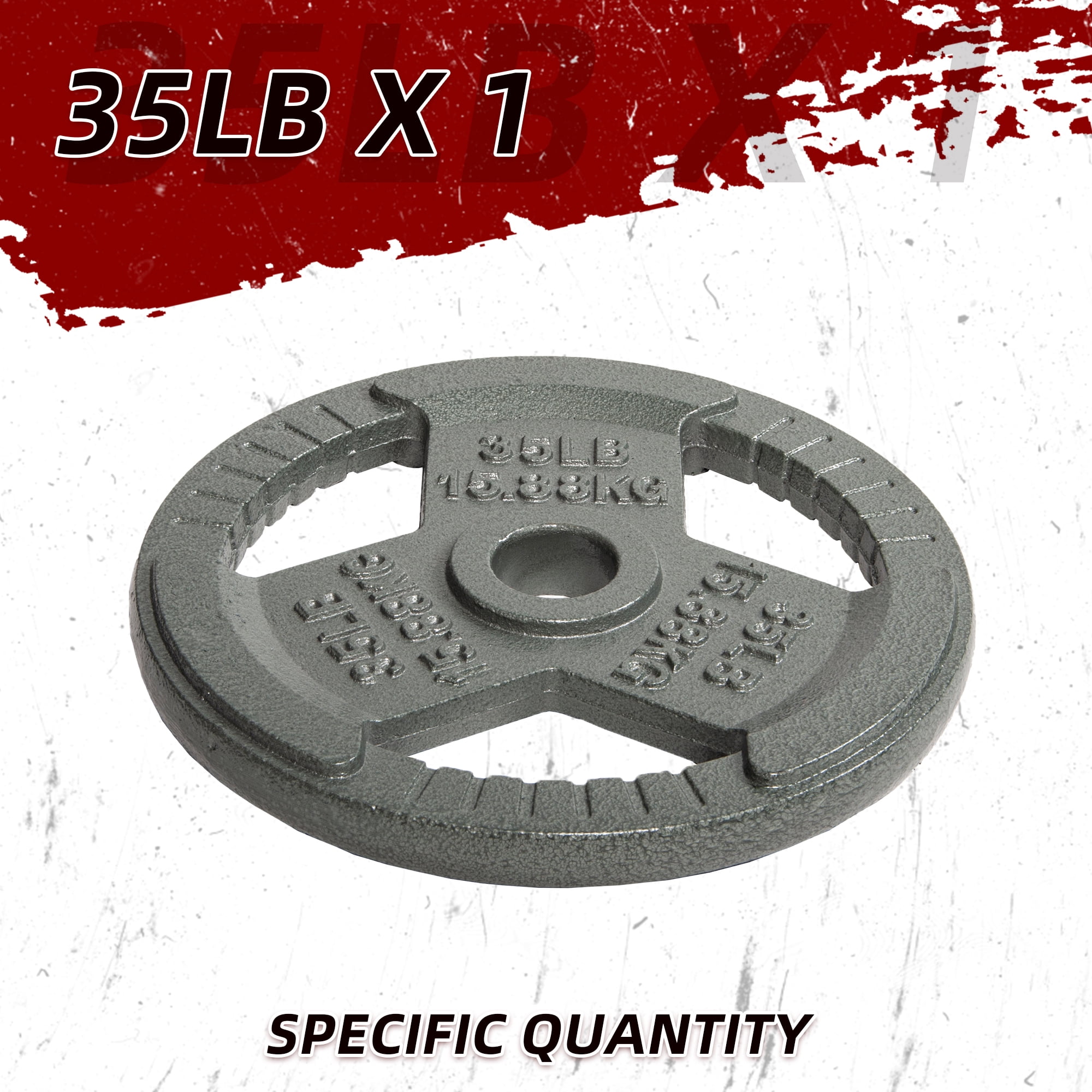 Signature Fitness 35LB Cast Iron Olympic Weight Plate, Single Plate, 2-Inch Center Hole, 3-Grip Design, Light Gray with Raised Lettering