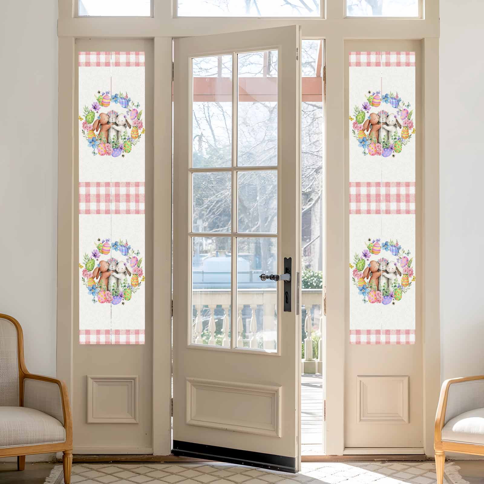 Easter Cute Rabbit Window Privacy Film, Color Eggs Pink Blue Flower Eucalyptus Leaf Pink Plaid Frosted Glass Window Clings Static Cling UV Heat Blocking Reusable Sticker for Bedroom 29.5x118 Inch
