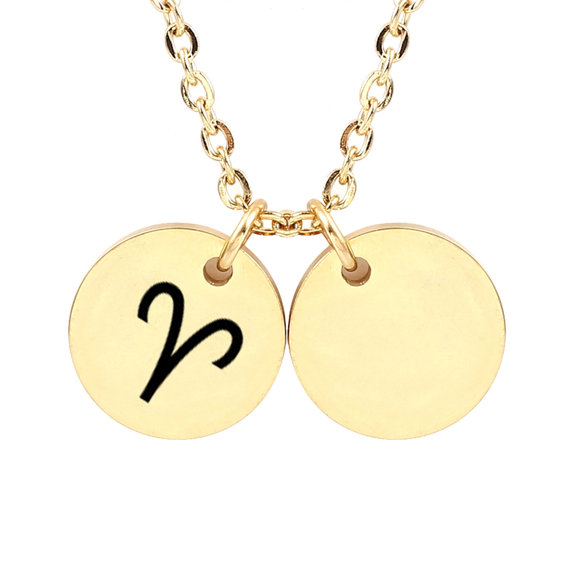 Personalized Round Constellation Initial Necklace - Engraved Zodiac Symbol Jewelry - Christmas Gift for Her - Stainless Steel - 18" Chain - Gold Aries