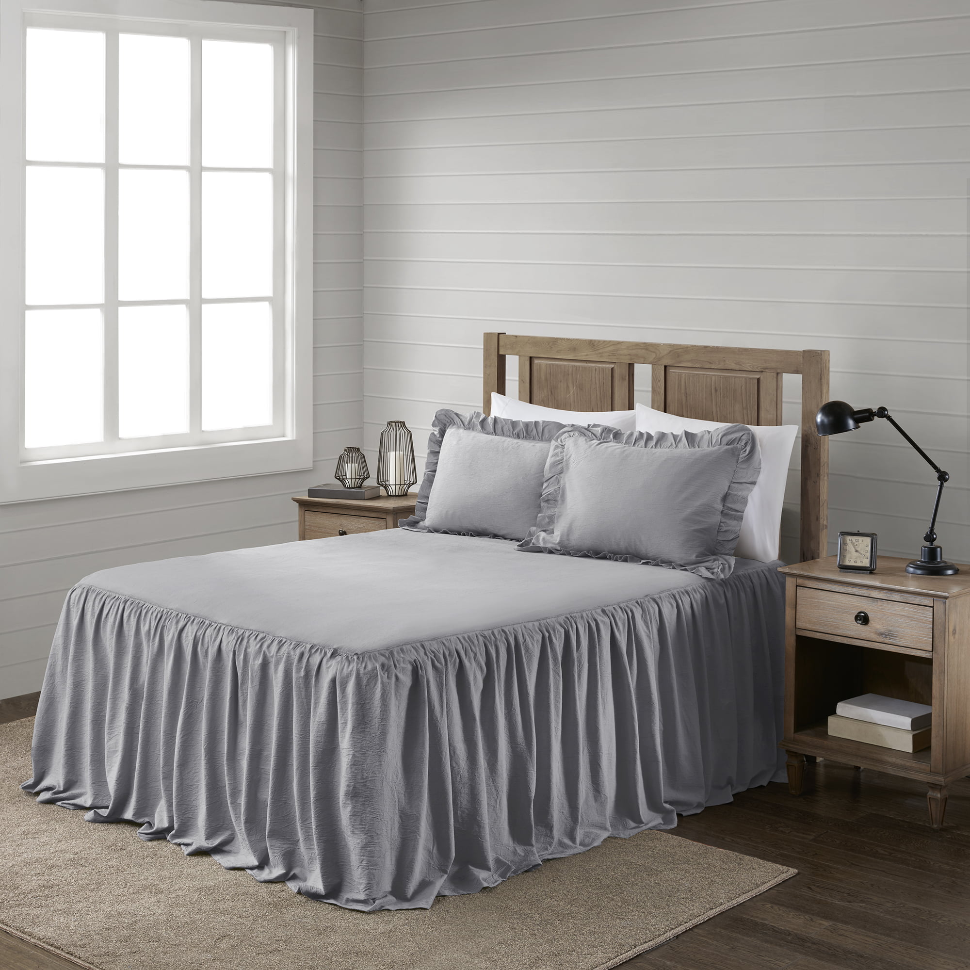 Better Homes and Garden Lelia Cotton Wash Ruffle Skirted Bedspread Set,  Grey, King