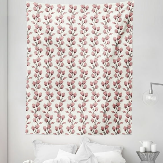 Magnolia Tapestry, Natural Blossoming Garden on Off White Background Feminine, Fabric Wall Hanging Decor for Bedroom Living Room Dorm, 5 Sizes, Warm Taupe Pale Pink, by Ambesonne