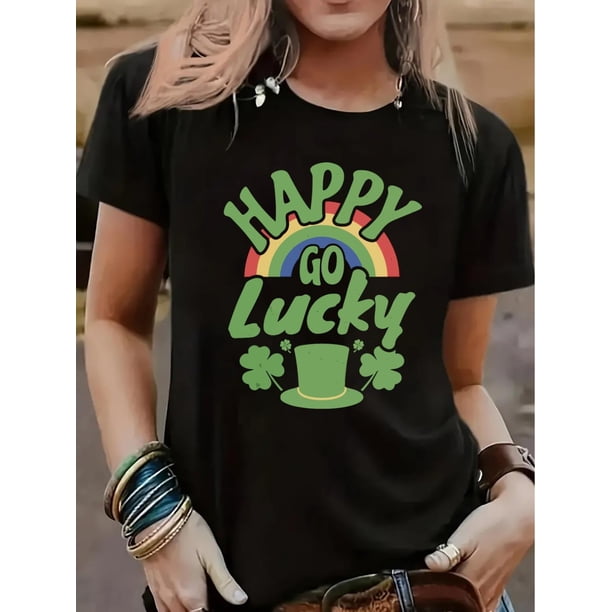 Women's "Happy Go Lucky" St. Patrick's Day T-Shirt - Casual Black Tee with Green Clover and Rainbow Graphic, Short Sleeve, Polyester Blend, All-Season Wear, Ladies T-Shirts Tee For Adult, Men, Women,