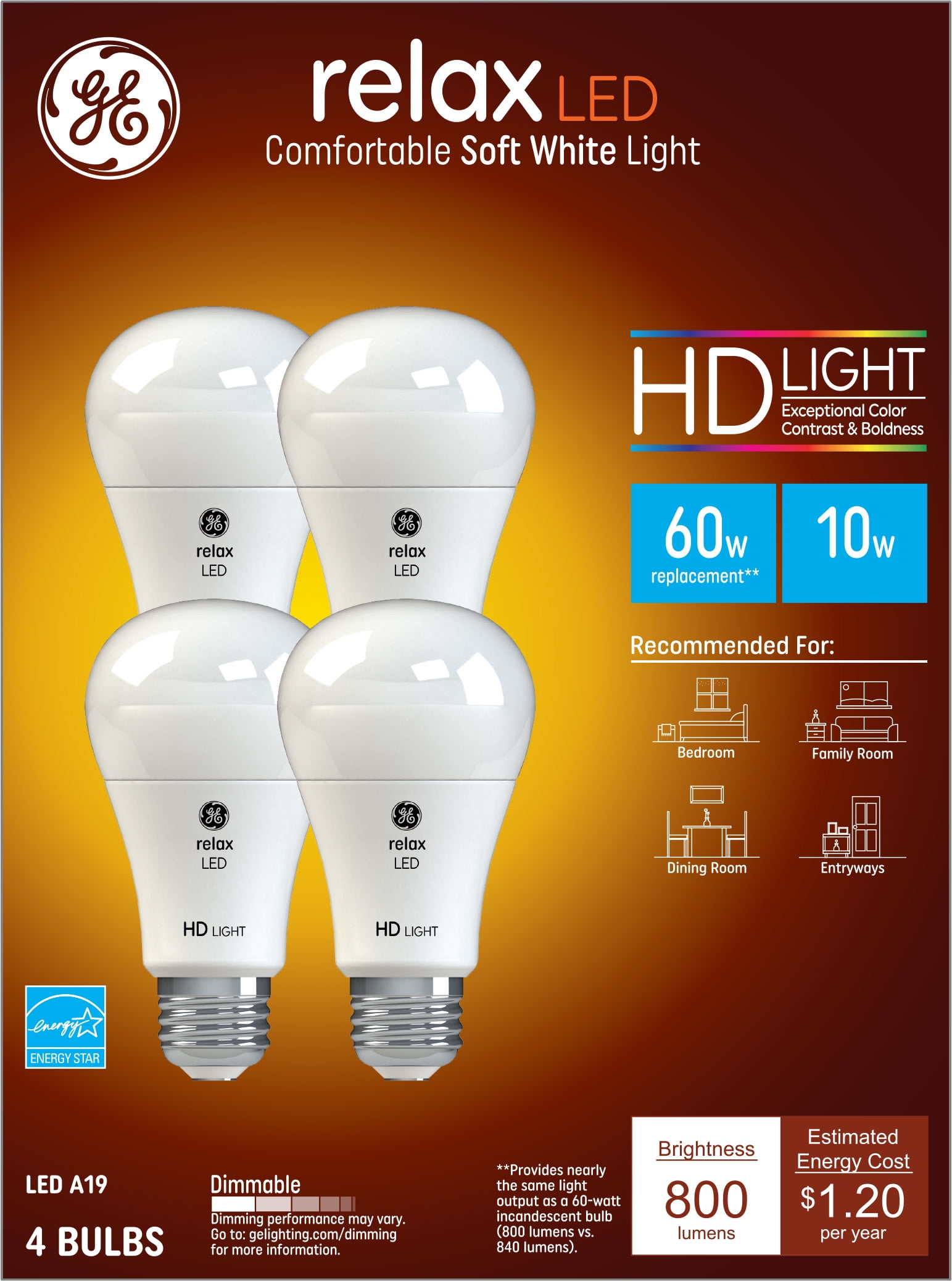 GE Relax LED Light Bulbs, 10 Watt (60 Watt Equivalent)eneral Purpose, Medium Base, Dimmable (4 Pack)