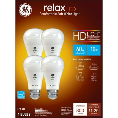 GE Relax LED Light Bulbs, Soft White, 60 Watt Eqv, A19 General Purpose Bulbs, 4pk
