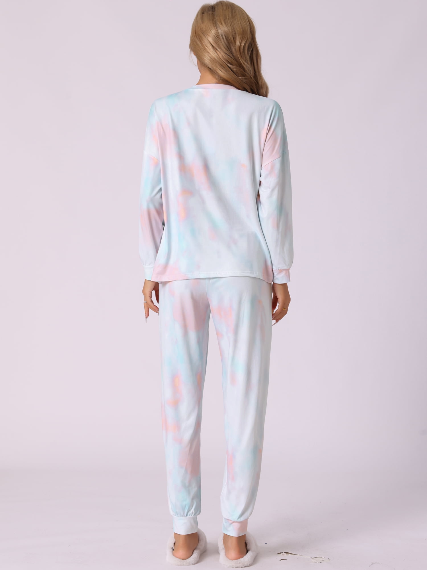 DARING DIVA Women's Tie Dye Long Sleeve Front Pocket Pajamas Set S White