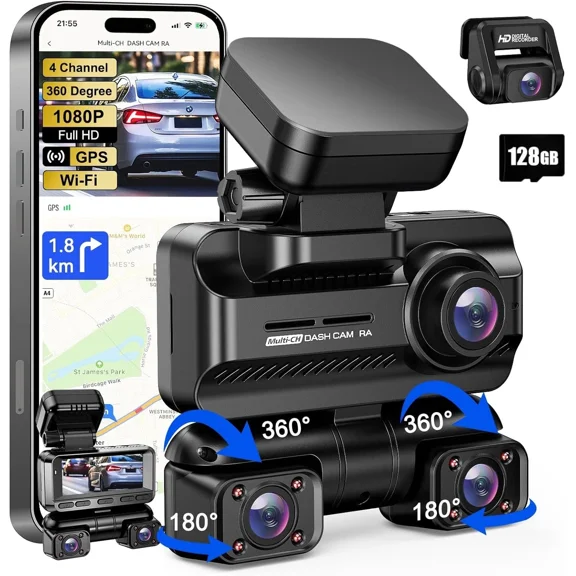 Dash Cam - 4K - 4 Channel - 360° Front Rear Inside DashCam, FHD 1080P Car Camera 128GB