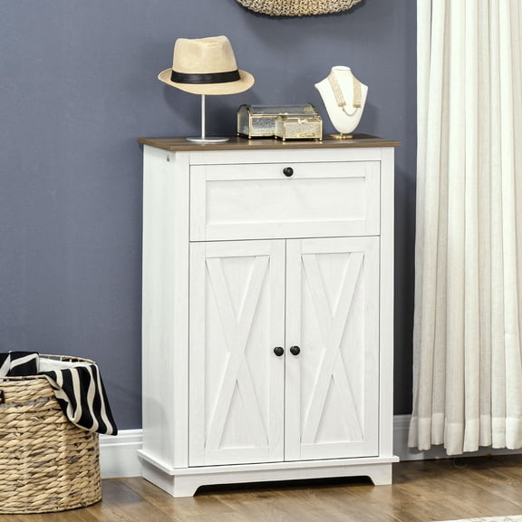 Living Room Cabinets HOMCOM Farmhouse Barn Door Accent Cabinet, Kitchen Sideboard Storage Cabinet with Double Doors, Drawer, and Adjustable Shelf for Bedroom, Living Room, White,Metal Cabinets