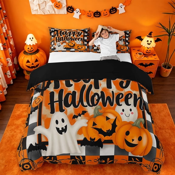 Homewish Happy Halloween Themed Bedding,Plaid Pumpkin Ghost Pattern Duvet Cover Full,Black Reversible,3-Piece,1 Duvet Cover and 2 Pillowcases