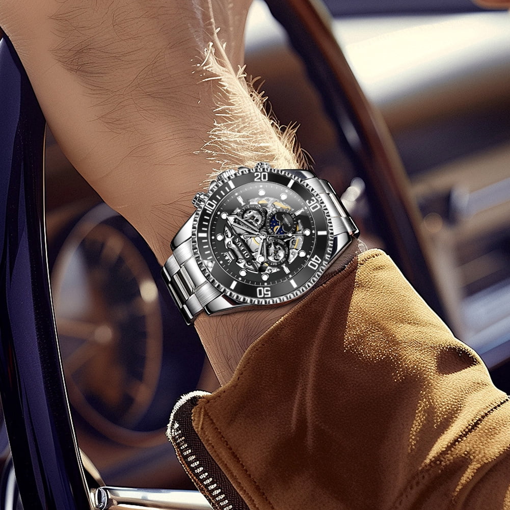 OLEVS Automatic Watches for Men Skeleton Self Winding Mechanical Fashion Dress Chronograph Moon Phase Stainless Steel Waterproof Luminous Mens Wrist Watches Gift Reloj Para Hombre