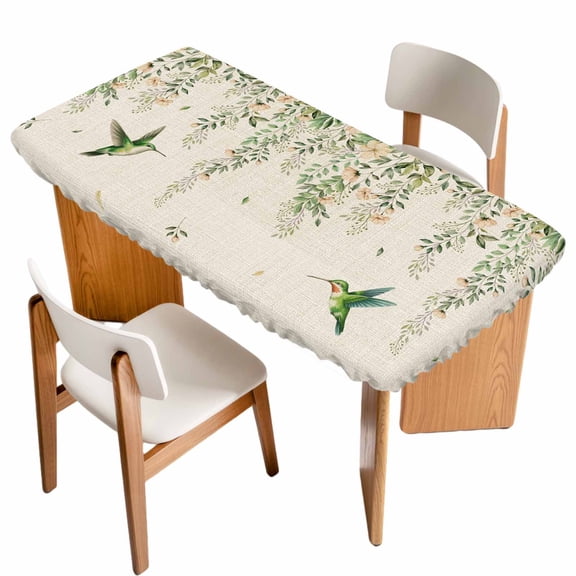 Watercolor Floral Table Cloths for 4 Foot Rectangle Tables, Spring Flowers Birds Plants Country Beige Patio Waterproof Elastic Fitted Tablecloths, Washable Rectangular Table Cover for Camping