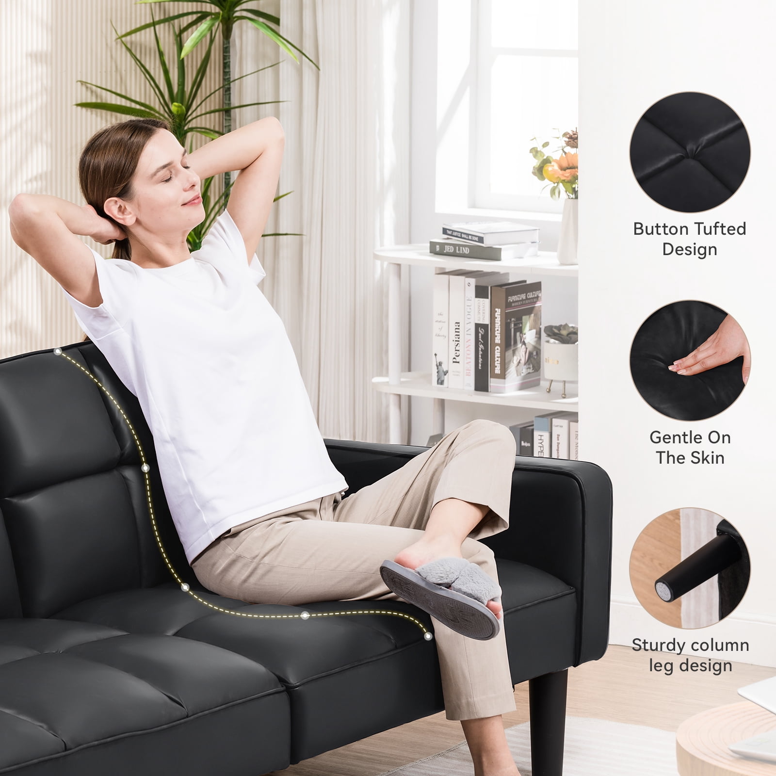 COMHOMA 76" Futon Sofa Bed PU Convertible Sofa with Adjustable Backrest Folding Sleeper Sofa,Black