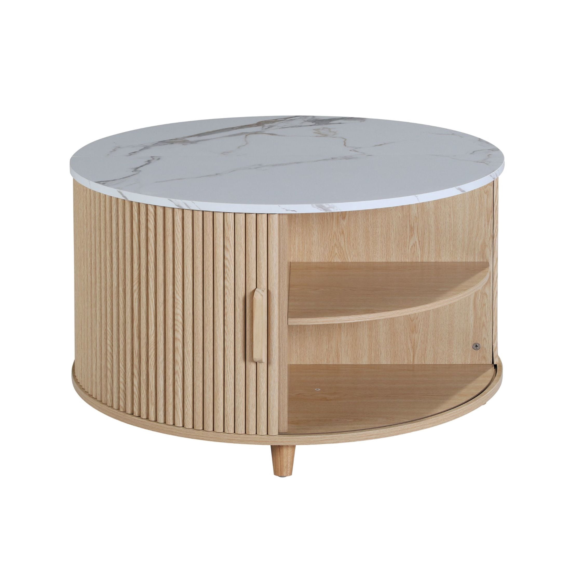 GDF Studio 31.5" Modern Round Fluted Coffee Table with Hidden Storage, White Marble+Light Oak