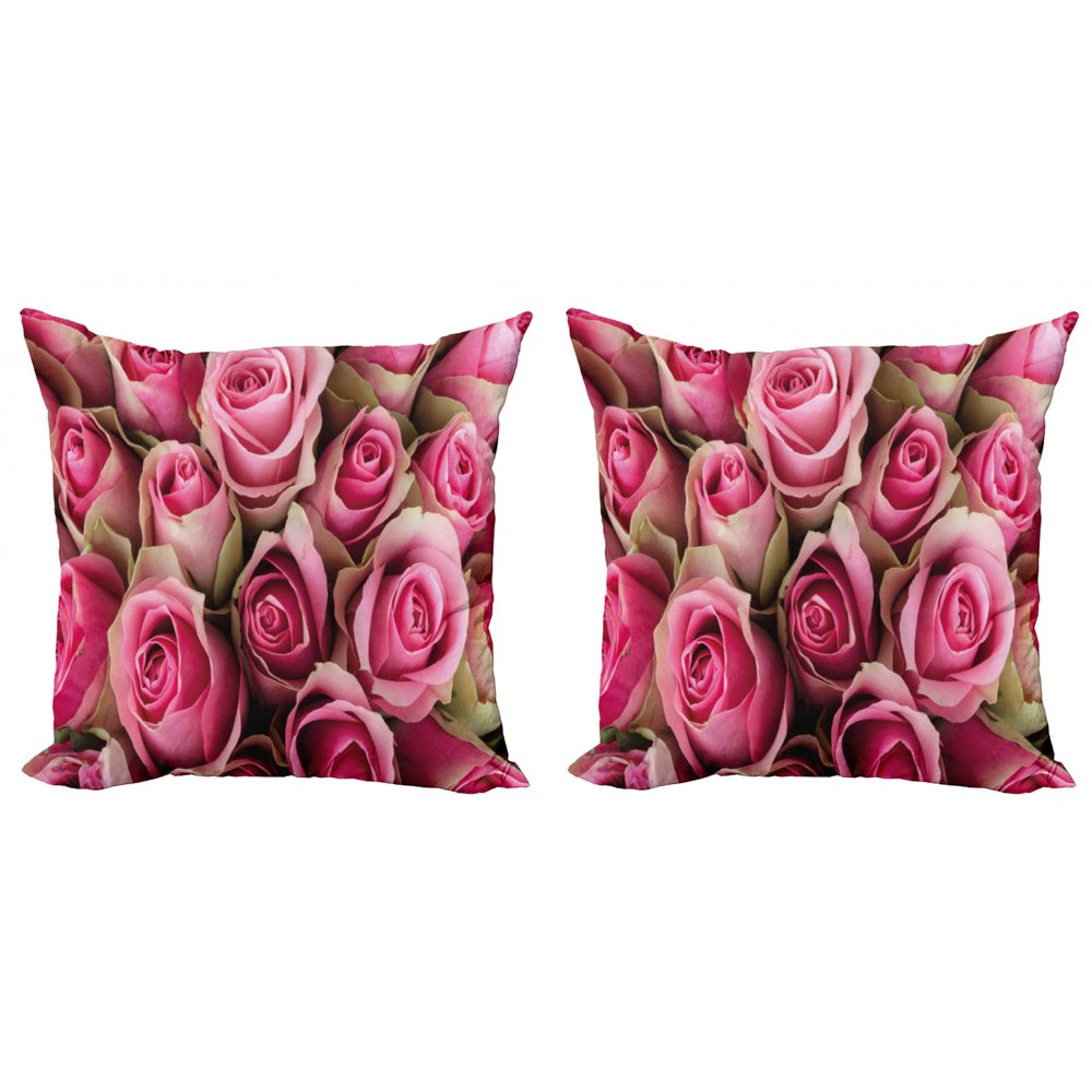 Rose Throw Pillow Cushion Cover Pack of 2, Blooming Fresh Pink Roses