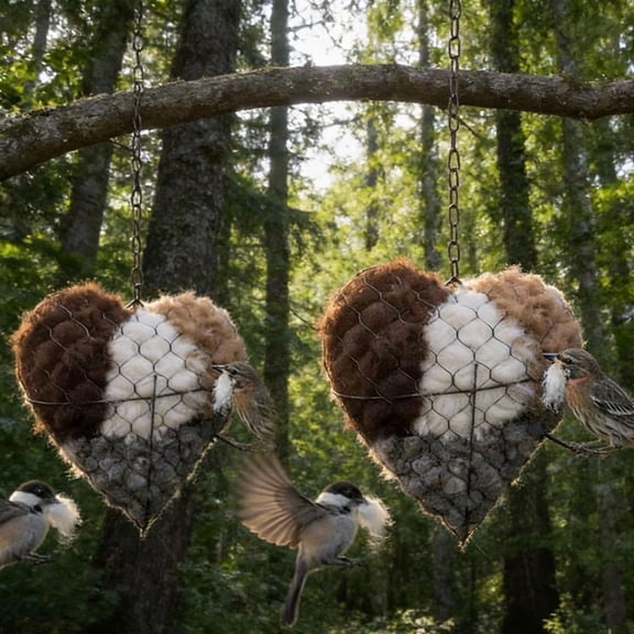 Handmade Fiber Bird Nesting Heart, Refillable Birds Haven 1 Heart-Shaped Hummingbird Nest with 2 Bags of Nesting Material, Winter Tree Shelter for Wild Birds, Gifts for Hummingbirds Lovers (2PCS)