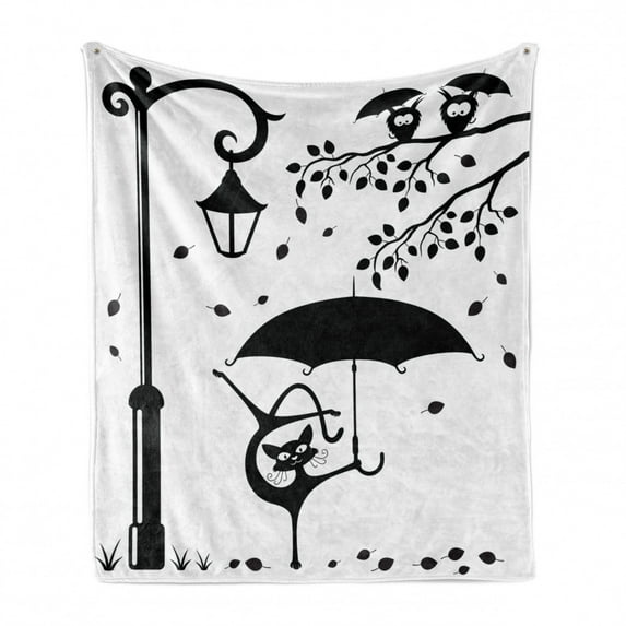 Cat Soft Flannel Fleece Throw Blanket, Funny Kitty with Umbrella Dancing Under Street Lantern in Town Urban Humorous Print, Cozy Plush for Indoor and Outdoor Use, 50" x 70", Black White, by Ambesonne