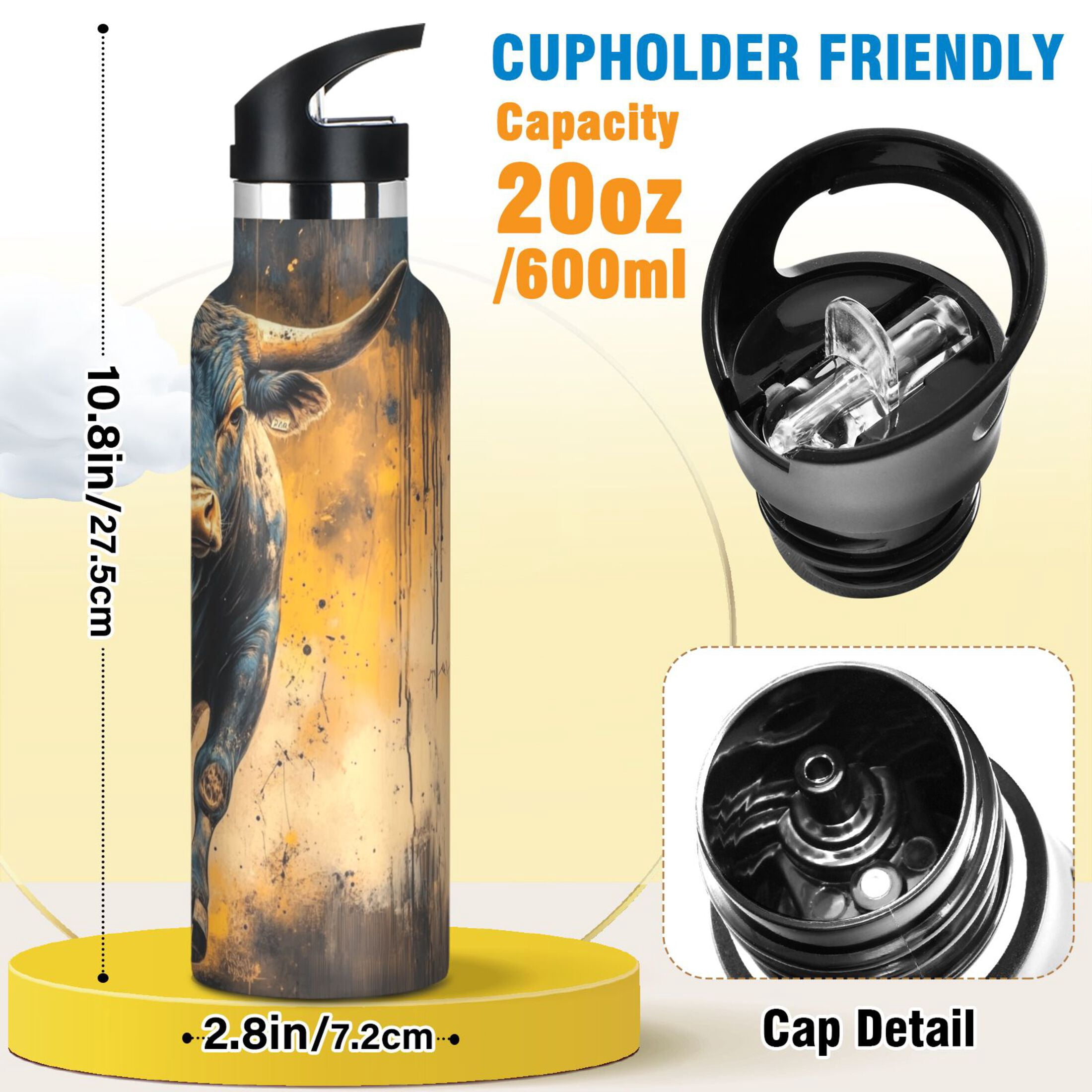Kids Insulated Stainless Steel Sports Water Bottle 600ml (20oz) A Bull Charging