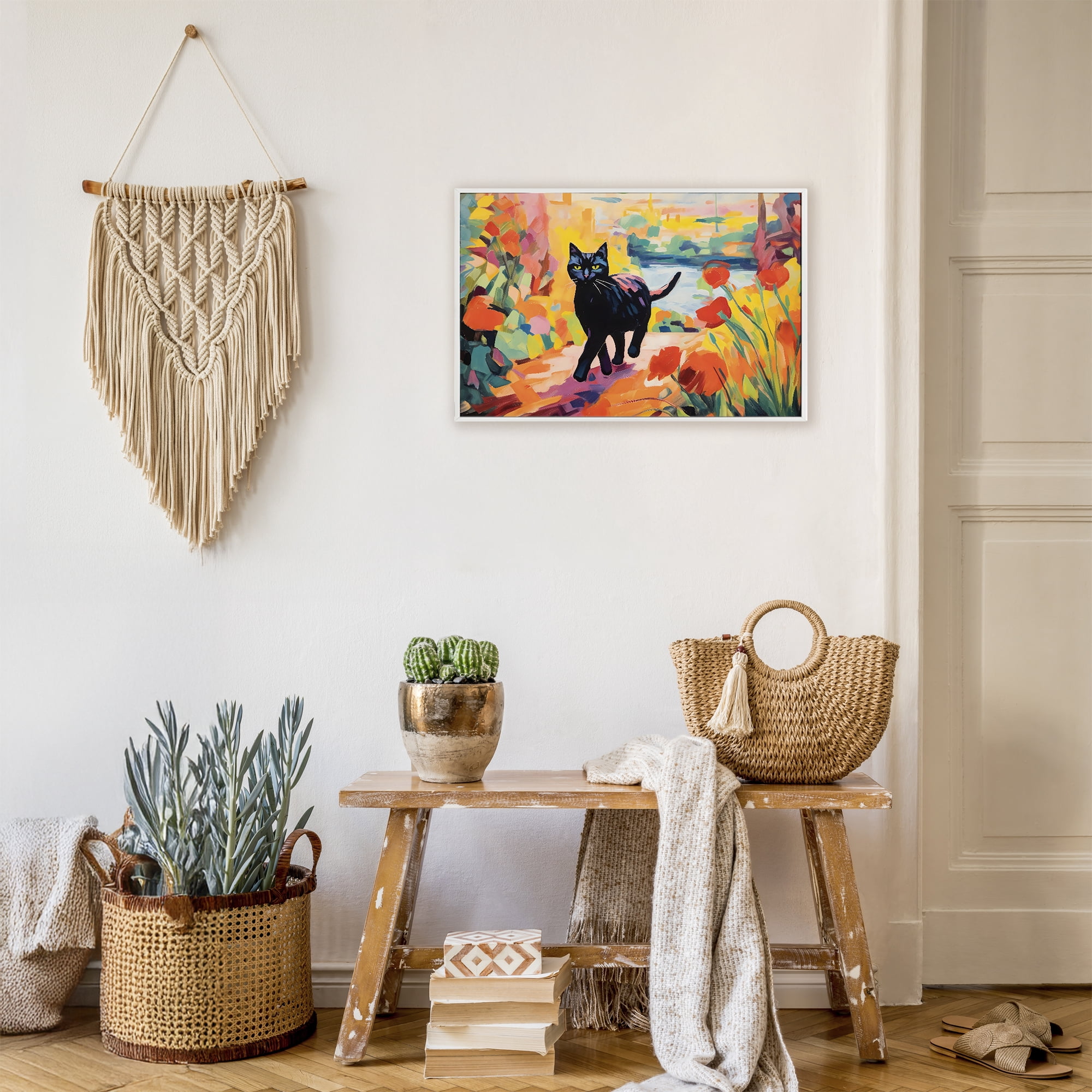Stupell Industries Sunlit Black Cat in Garden White Framed Giclee Art, design by Creative Studio