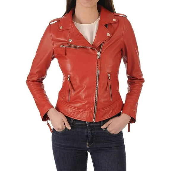 Women's Genuine Lambskin Real Leather Red Jacket Stylish Collared Basic Overcoat W124