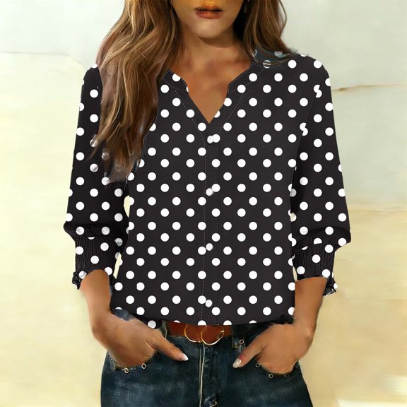 Pounoo Womens Colorblock Tops 3/4 Sleeve V Neck Button Up Relaxed Fit Blouses Breathable Office Casual Spring Summer Outfits Gift